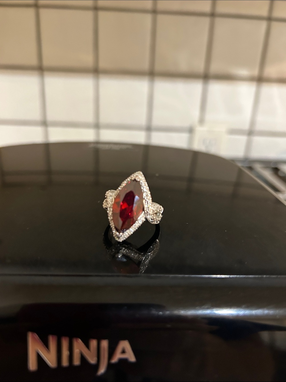 Red Marquise Halo Ring with Clear Accents